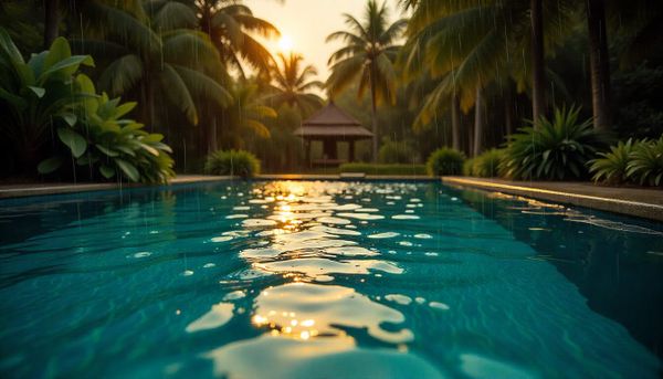 The sun setting behind palm trees reflects on the soft pool water.