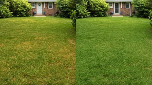 an uneven lawn with yellow patches on the left, compared to a healthy, evenly colored lawn on the right.