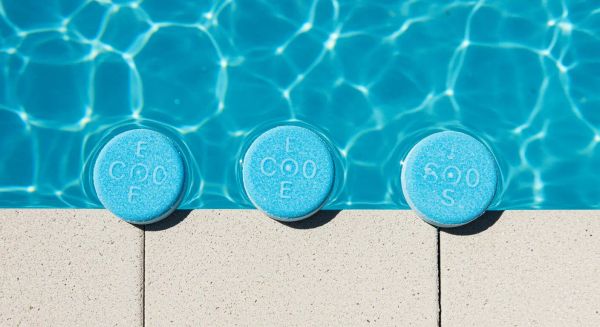 Visually appealing overhead shot of three large 3-inch pool chlorine tablets (Trichlor pucks) sitting in the water at the edge of a clean, blue pool.