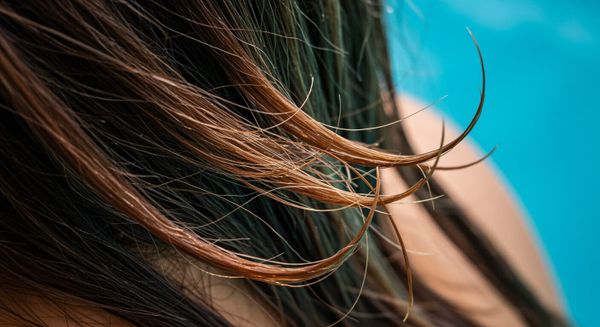 Extreme close-up showing dry, frayed, and damaged hair ends, which results from not washing out chlorine in hair immediately after swimming.