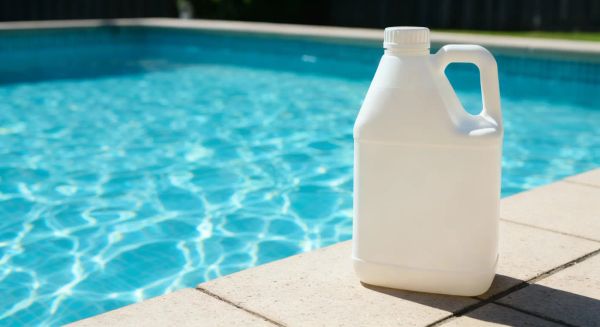 A white jug of pool-grade sodium hypochlorite sitting beside a sparkling, clean blue swimming pool