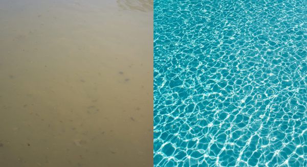 Dramatic before-and-after of cloudy, murky pool water versus sparkling clean, clear pool water.