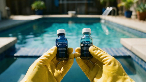 Gloved hands holding bottles of concentrated professional pool leak dye and leak detector solution.