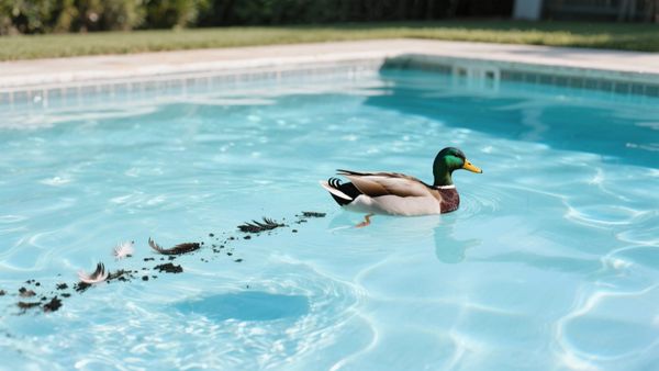 A duck is floating on a sparkling, clean residential swimming pool, leaving a trail of visible feathers and dark debris/droppings in its wake.