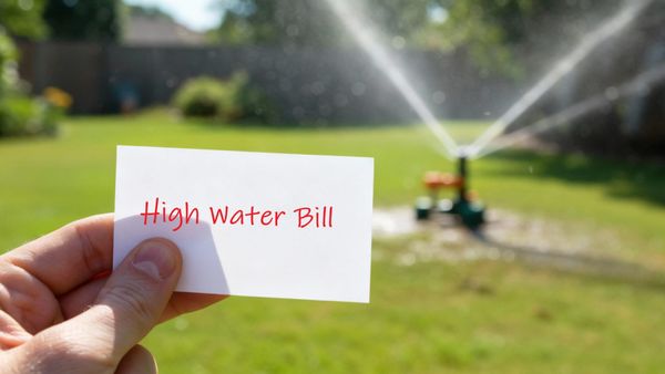 A hand holds a folded paper bill with a very high total circled in red marker. In the background, a lawn sprinkler head is visibly overspraying water onto a dry sidewalk or driveway.