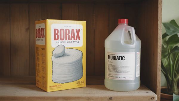 A box of borax and a jug of muriatic acid representing the budget-friendly but labor-intensive method of adding pool borates.