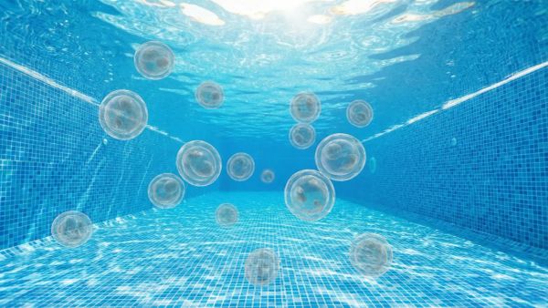 Conceptual underwater photograph of a bright, blue-tiled swimming pool, with numerous microscopic, translucent Cryptosporidium oocysts floating suspended in the clear water.
