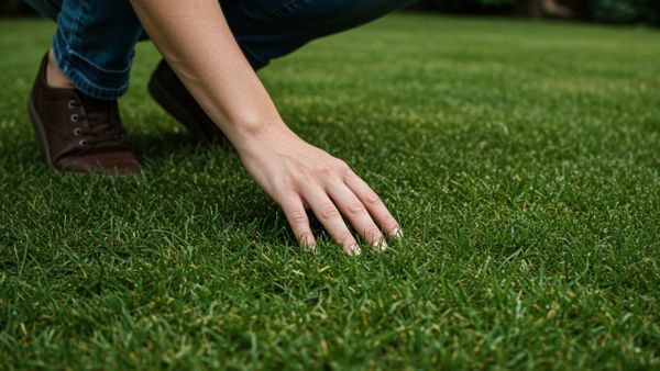 Person's hand touching lush green grass to check if footprints spring back, a key test for lawn thirst and drought stress.