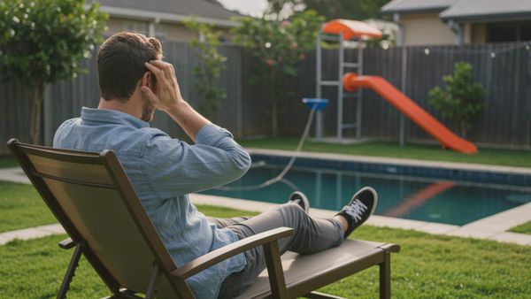 a homeowner looking visibly annoyed and covering their ears while looking towards the pool equipment area.