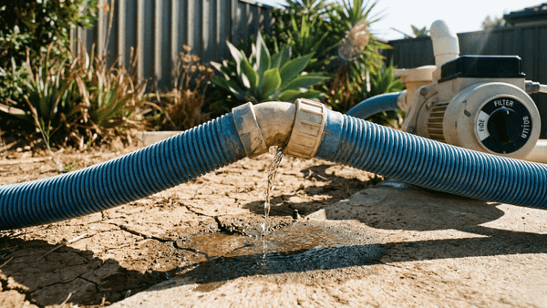 Water leaking from pool pump backwash hose connection indicating potential faulty spider gasket in multiport valve.