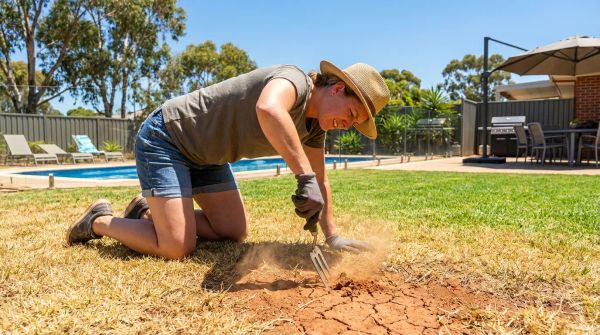 Homeowner struggling to dig into hard compacted soil in a sunny backyard garden.