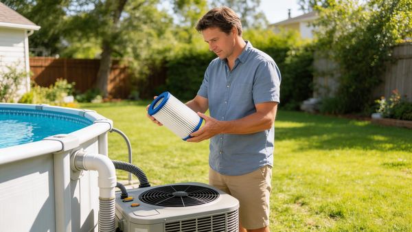 Homeowner holding a pool cartridge filter in a backyard preparing for maintenance.
