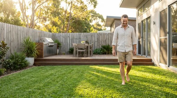 A homeowner enjoying a lush green backyard after following a lawn care for beginners guide.