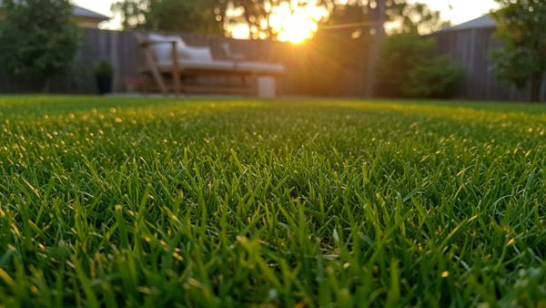 A lush, vibrant green Australian backyard at sunset, showcasing the healthy results of using soil probiotics and smart irrigation.