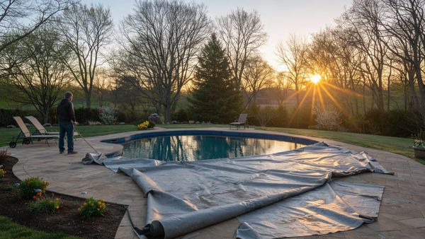 Besitzer bereitet den Gartenpool beim Auswintern auf die Badesaison vor.