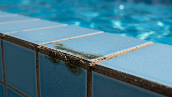 A close-up view of a dirty swimming pool waterline showing a greasy scum line buildup on blue tiles.