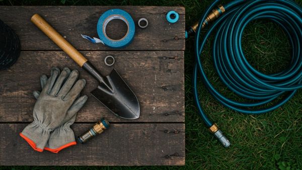 On the workbench in the corner of the backyard, there were some gardening tools and a roll of PTFE tape.