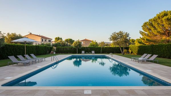 Une piscine d'eau cristalline et scintillante au cœur d'un jardin fleuri au printemps.
