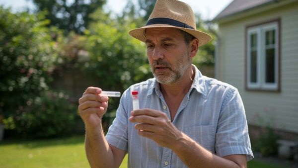 A pool owner checking water chemistry with a test strip to identify chlorine lock symptoms in a cloudy pool.