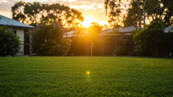 A lush, healthy green lawn in a suburban Australian backyard bathed in golden sunlight.