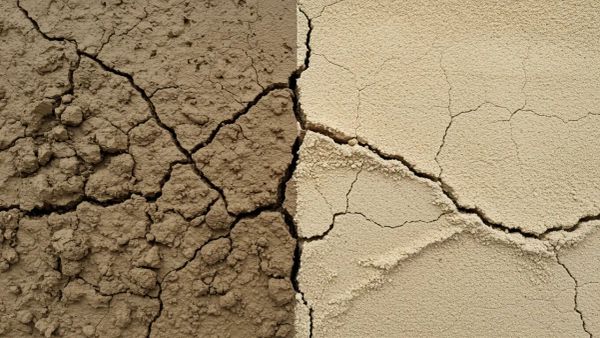 Two garden trowels digging into dense clay soil and loose sandy soil side by side.