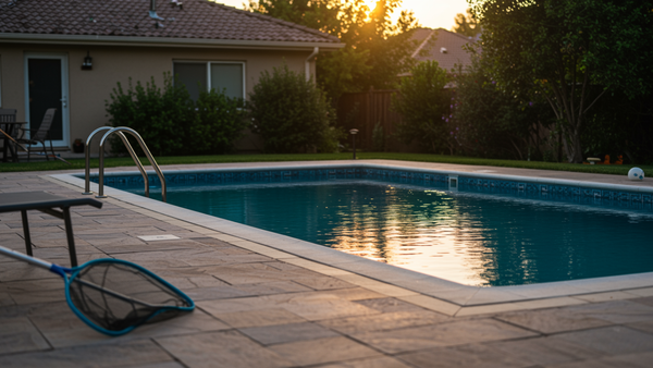 A sparkling clean backyard swimming pool at sunset with a skimmer net nearby.