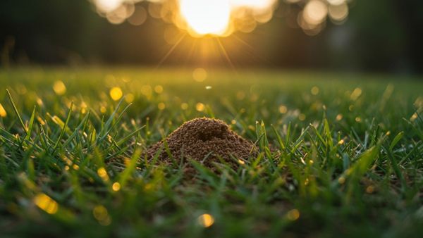 A close-up of a small ant mound in green grass illustrating the need to learn how do you get rid of ants in the lawn.
