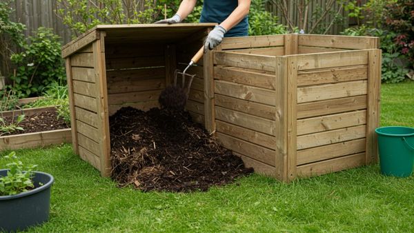 A gardener tending to a healthy compost pile in a sunny backyard to create nutrient-rich soil.
