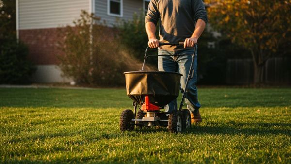 A homeowner using a broadcast spreader to overseed a patchy lawn during the early fall season.
