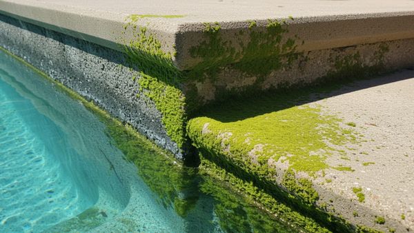 Yellow mustard algae clinging to the shady vertical walls of a pool.