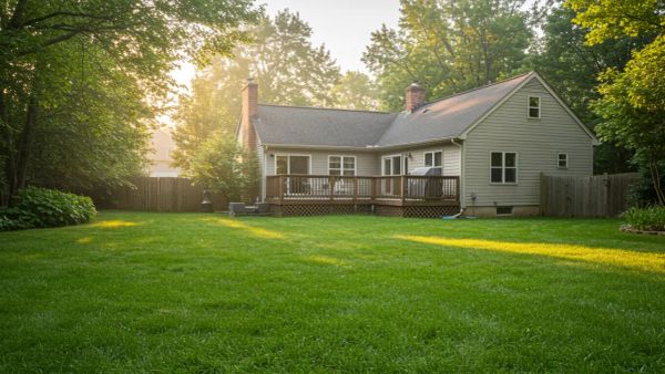 Lush green backyard lawn bathed in soft spring morning sunlight.