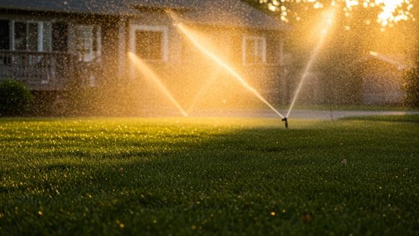 A lush green lawn being watered by a sprinkler system during a sunny afternoon.