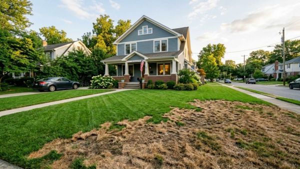 A suburban lawn shows severe brown patches and chewed grass caused by a fall armyworm infestation.