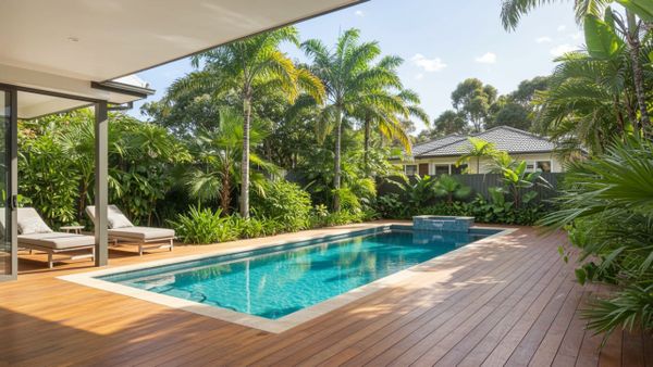 A crystal-clear backyard pool beautifully maintained without falling for common swimming pool myths.