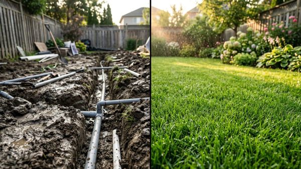 A split view comparing a muddy yard with trenches to a lush green lawn being watered.