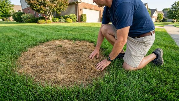 A homeowner crouches down to inspect brown patches on the grass to understand how to identify lawn pests in the yard.