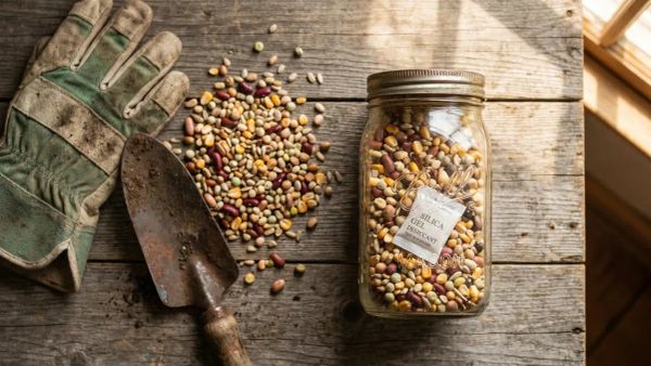 A sealed glass mason jar filled with seeds and a silica packet sits on a rustic table to demonstrate how to store seed safely.