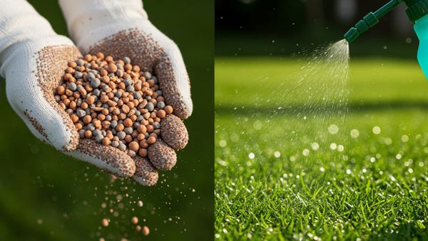 A side-by-side comparison of granular fertilizer pellets in a hand and liquid fertilizer being sprayed on green grass.