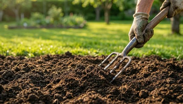 Gardener effortlessly penetrating loose, healthy soil with a fork to fix compaction.