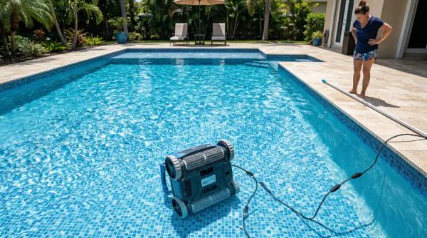 A pool vacuum cleaner flipped upside down on the bottom of a swimming pool.