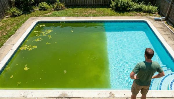 Overhead view of residential pool with murky green algae water and clear blue water contrast, person standing on deck in midday sun.