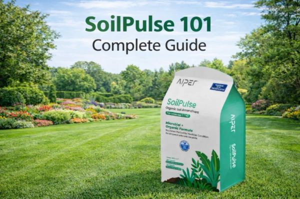 SoilPulse 101 Complete Guide header featuring organic soil amendment packaging on a lush green lawn.
