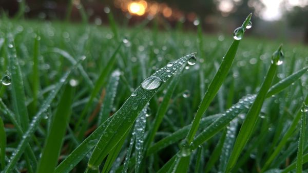 A close up view of wet grass blades covered in morning dew highlights why you cannot spray weed killer on wet grass.