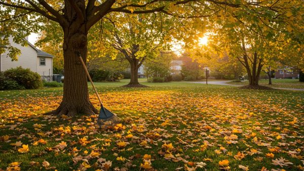 A suburban lawn partially covered with colorful autumn leaves next to an ergonomic rake leaning against a tree.