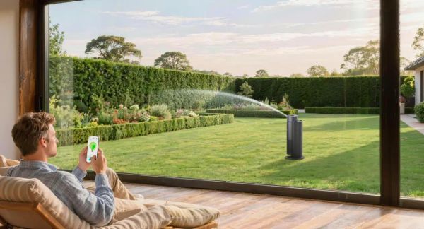 Aiper IrriSense smart irrigation system automatically watering the lawn outdoors.