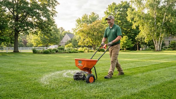 Person applying pelletized lime with a rotary spreader on a lush green lawn for lawn maintenance.