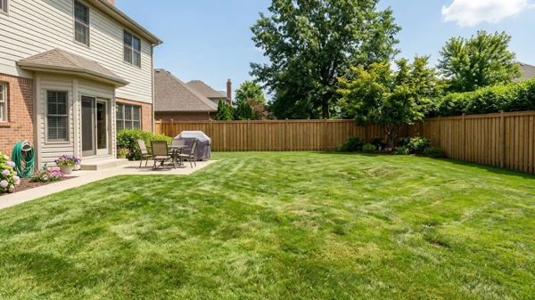 Uneven, bumpy suburban backyard lawn with visible dips and slopes, showing the need for leveling.