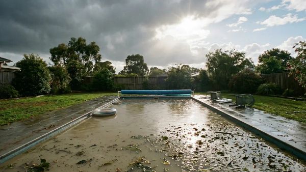 Murky brown swimming pool water filled with dust and debris after a severe dust storm.