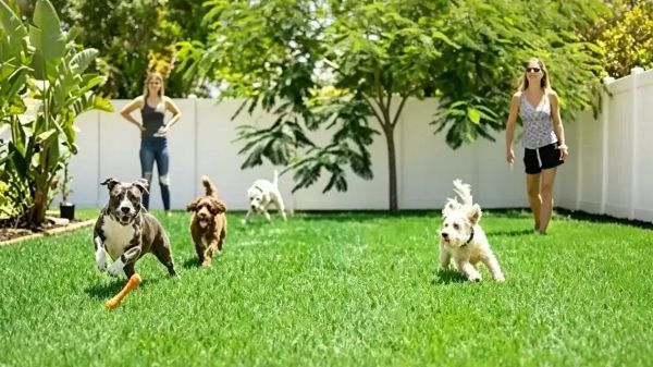 Happy dogs running and playing on a lush, durable pet-friendly lawn in a sunny suburban backyard, with owners watching nearby.