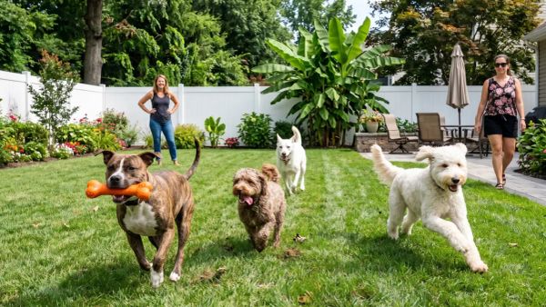 Happy dogs running and playing on a lush, durable pet-friendly lawn in a sunny suburban backyard, with owners watching nearby.